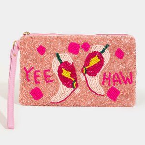 Beaded Yee Haw Cowgirl Western Pink Boots Money Makeup Lipstick Wristlet Bag